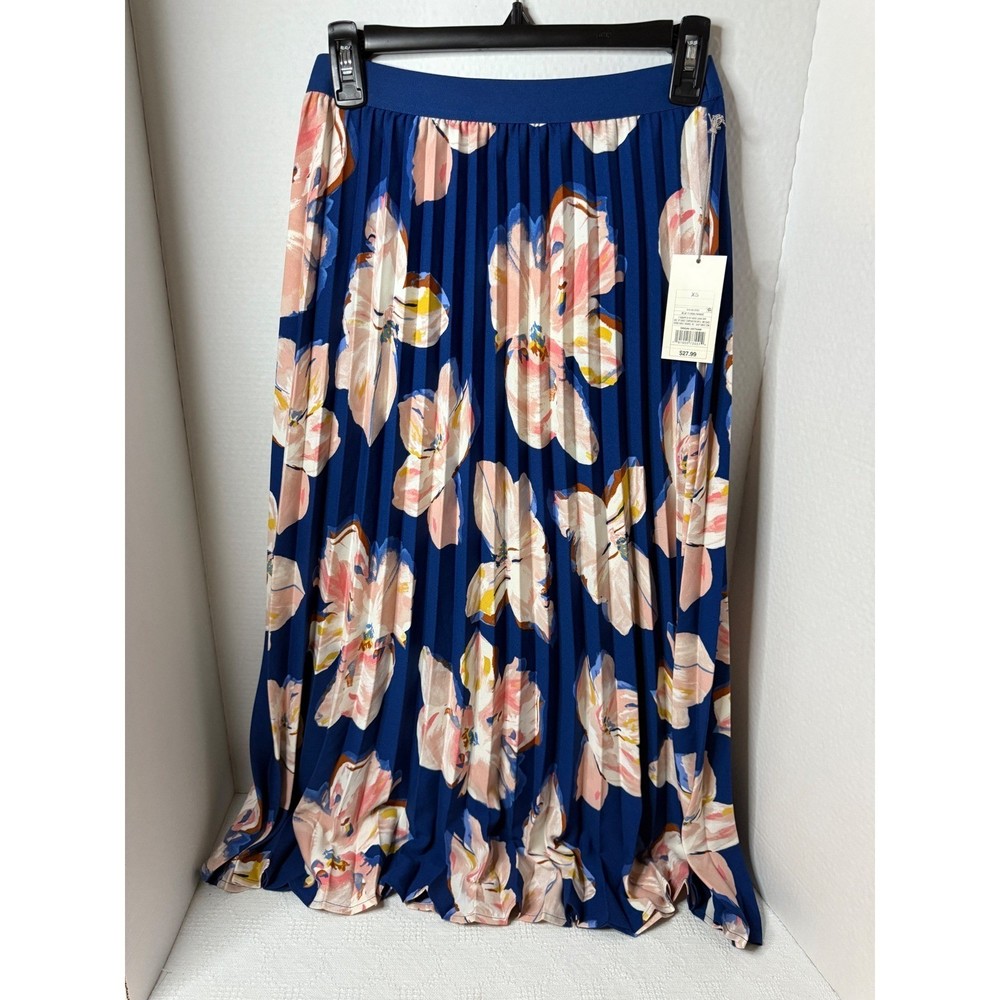 A New Day Women's XS Blue Floral Pleated Midi Skirt - Elegant Summer