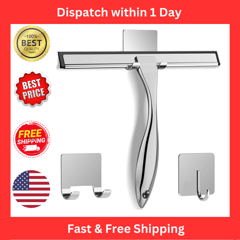 Universal Stainless Steel Shower Squeegee with 2 Adhesive Hooks