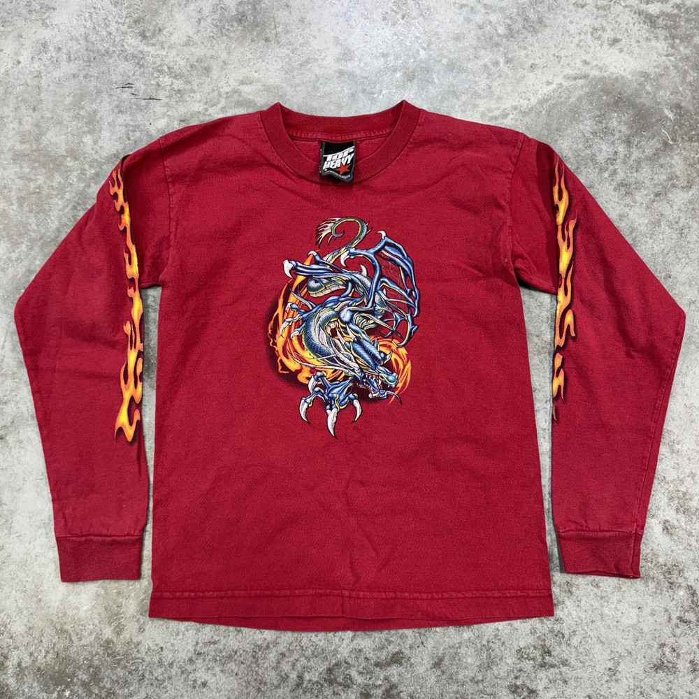 Top Heavy Shirt boys Small Red Dragon Flames Graphic Long Sleeve Y2K Skater Tee