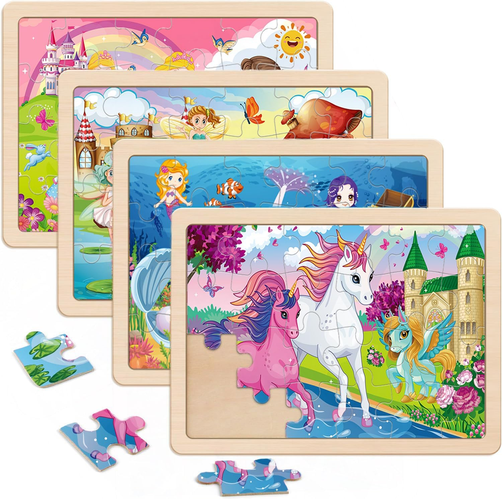 Wooden Puzzle Set for Kids – 4 Puzzles with Unicorn, Mermaid & Fairy Themes