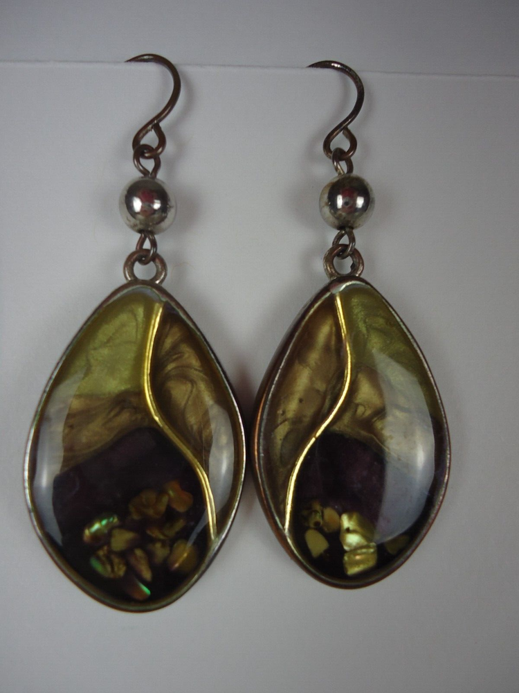 KC Mother of Pearl in Resin Silver Tone Earrings Earthy Abstract Wearable Art
