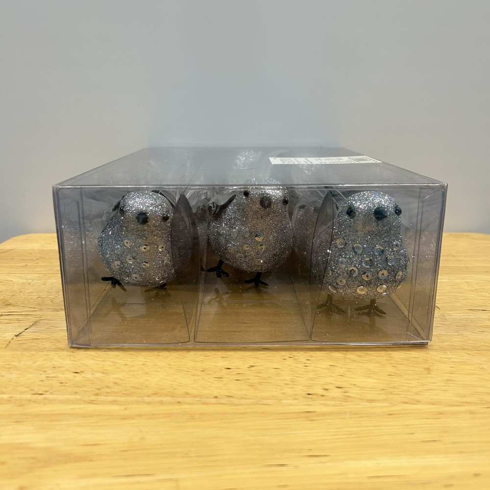 Glitter Bird Ornaments Christmas Holiday Set of 6 NEW Silver Expo Design Center