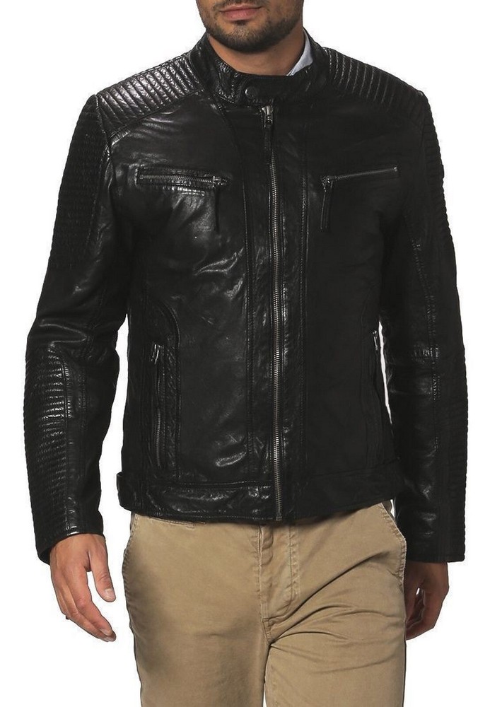 Lambskin Black Biker Leather Jacket for Men Long Sleeves Party Wear Jacket SDM138