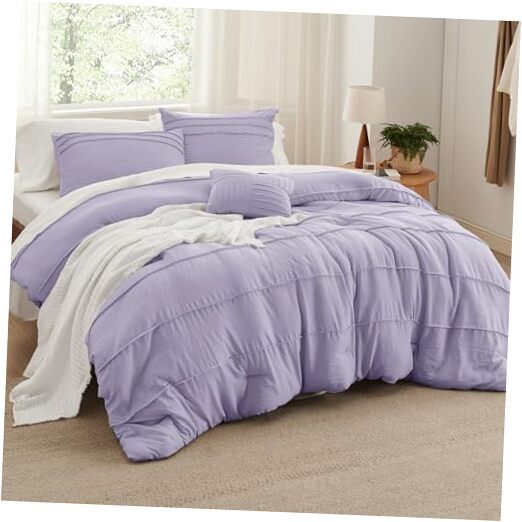 Comforter Set - 4 Pieces Pinch Pleat Bed Set, Light Queen 23 - Light Purple