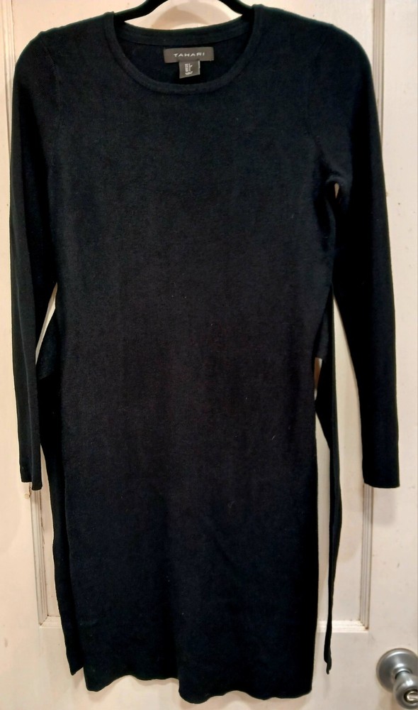 Tahari Black 3/4 Sleeve Knit Sheath Dress With Attached Wrap Size Small