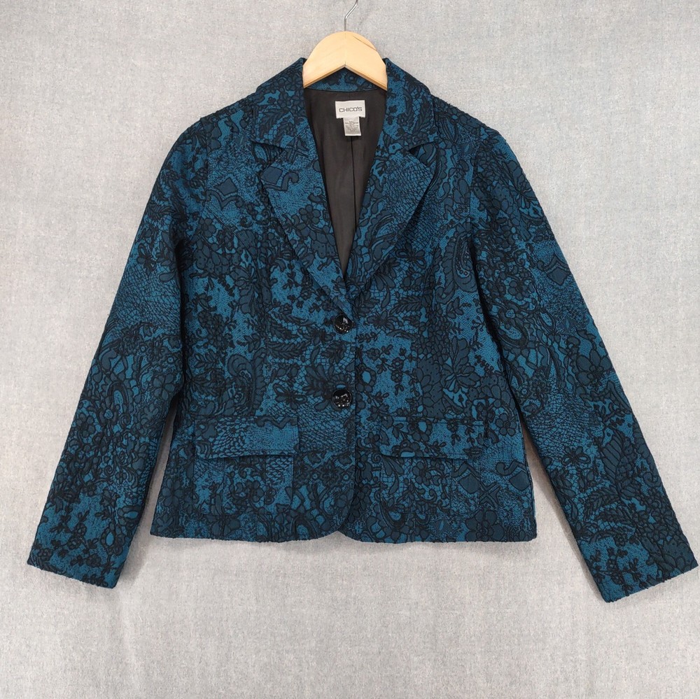 Chicos Jacket Womens 0 Blue Jacquard Tapestry Classic Bohemian Blazer Two Button