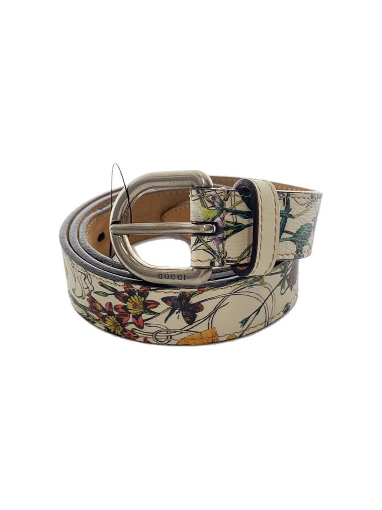 Authentic Gucci Italy White Leather Floral Buckle Women's Belt From Japan