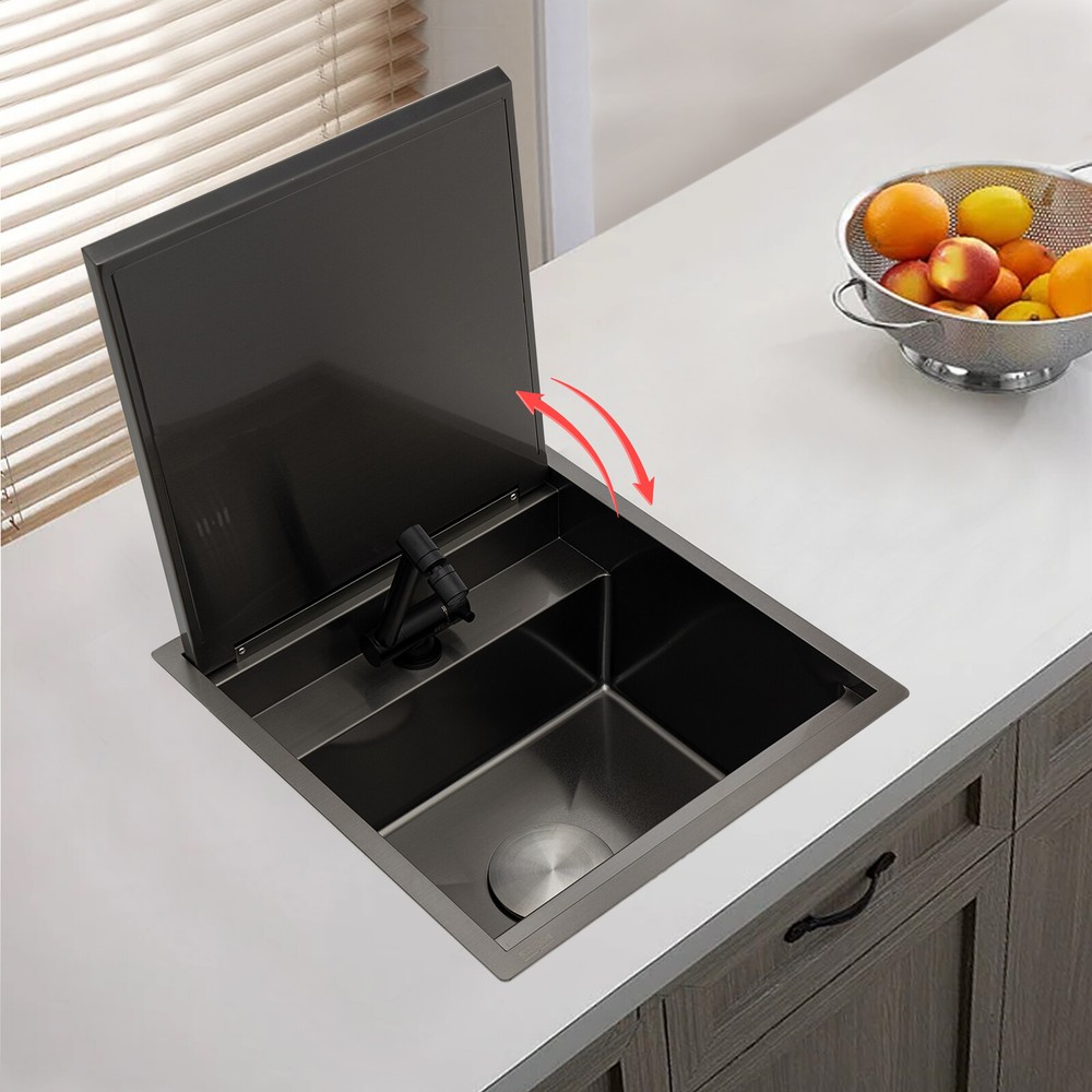 Hidden Kitchen Bar Sink Single Bowl w/Folding Faucet+ Drain+ Lid Stainless Steel