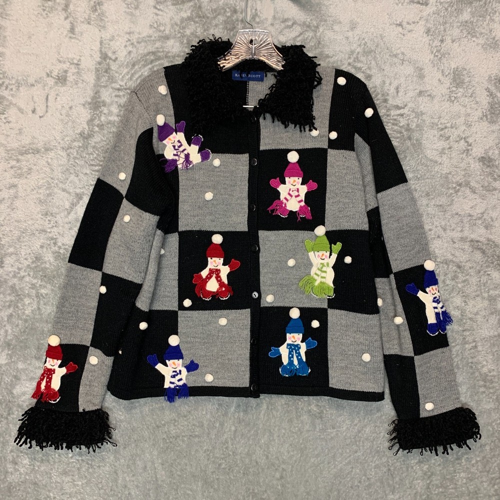 Karen Scott Women Patchwork Winter Snowman Fringe Wacky Cardigan Sweater M