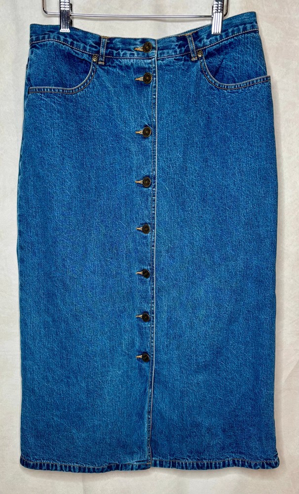 Eddie Bauer Y2K Plaid Lined Denim Midi Skirt 10P Button Front Cottagecore