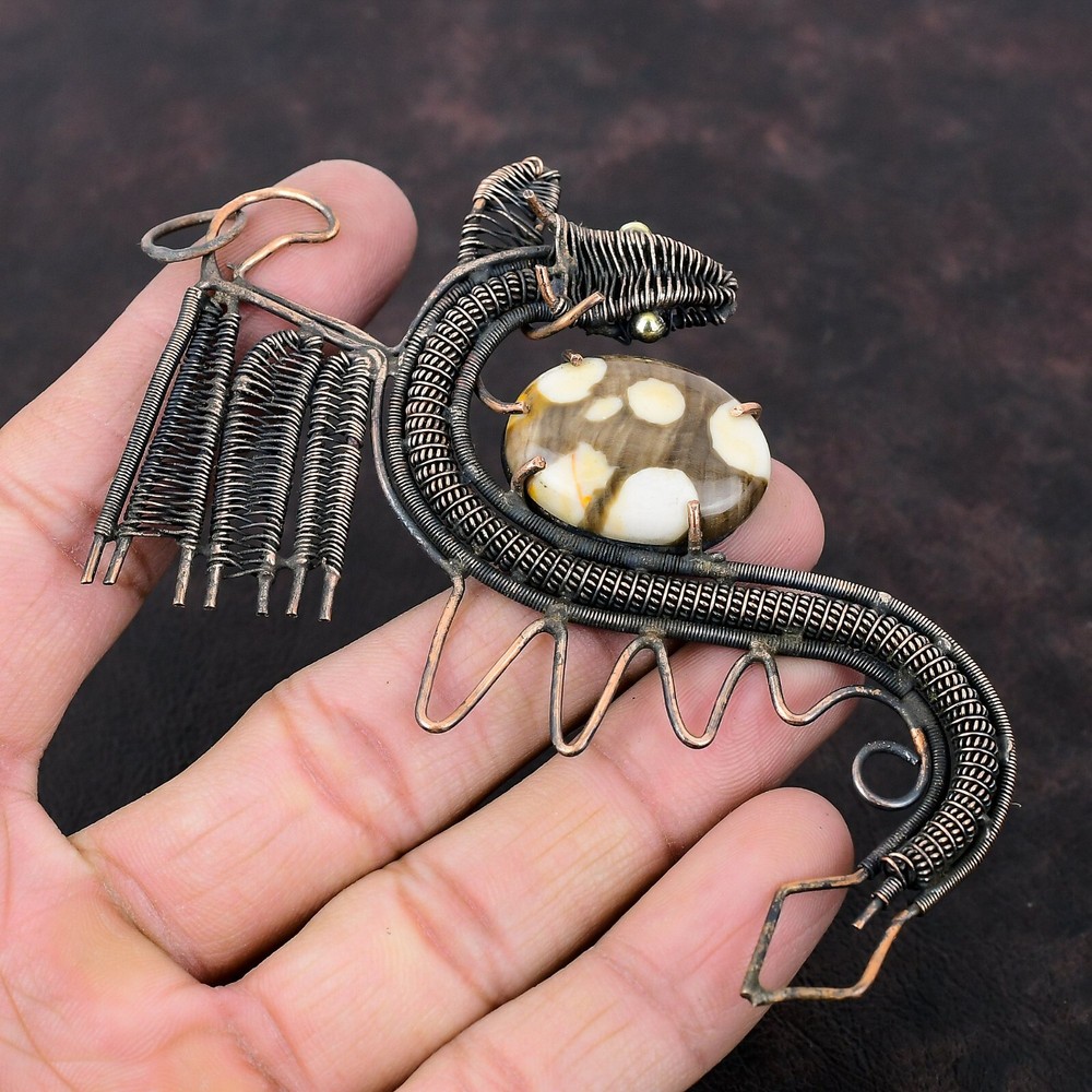 New Year Deal Copper Peanut Wood Jasper Stone Wife Wire Wrapped Dragon Pendant