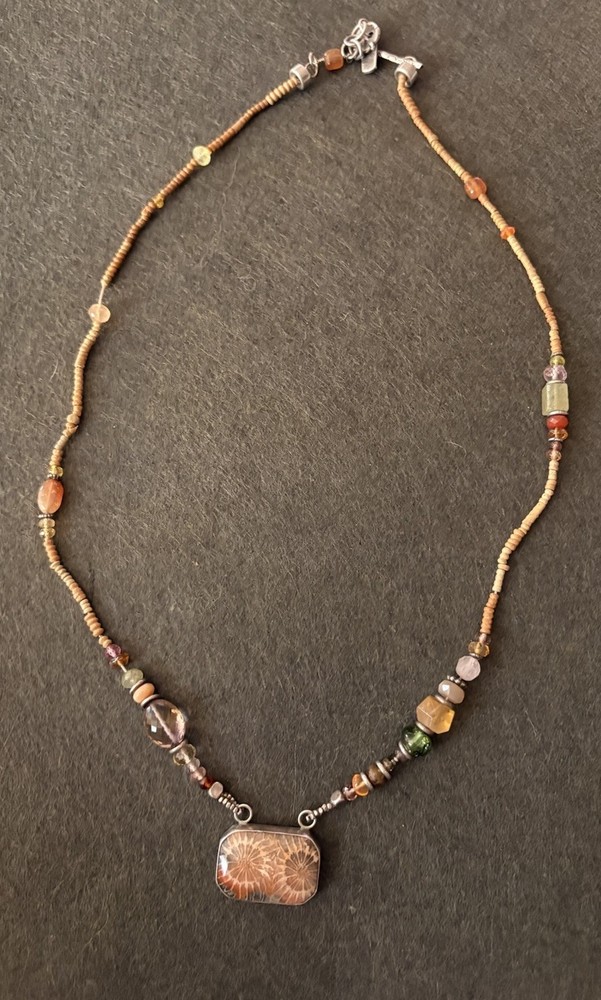 Jes Maharry Tan antique Beaded Necklace With  Gemstones And Tan Swirl Pendant