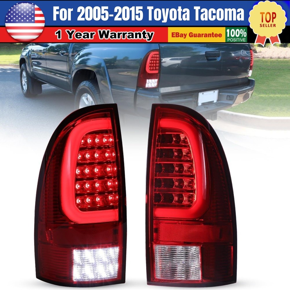 2005-2015 Toyota Tacoma LED Tail Lights Chrome Red Lens Turn Signal Pair