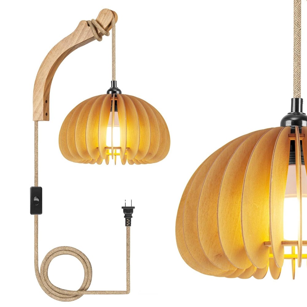 Wood Lantern Plug in Wall Sconces, Wicker Brackets Wall Lamp with Plug in Cor...