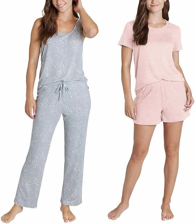 *NWT* Eddie Bauer Ladies 4-Piece Pj Set: 2 Tops/Pants/Shorts (Pink/Gray Stars,S)