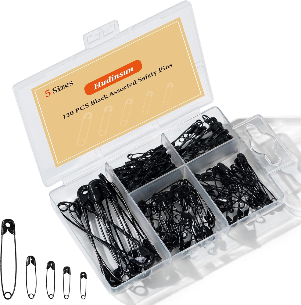 120-Piece Black Safety Pin Assortment - 5 Sizes for All Needs