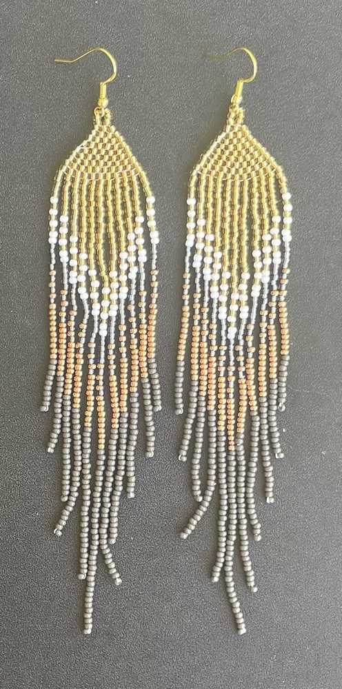 Gold Bronze Grey Seed Bead Beaded Earrings Boho Tribal Fringe Dangle Tassel Long