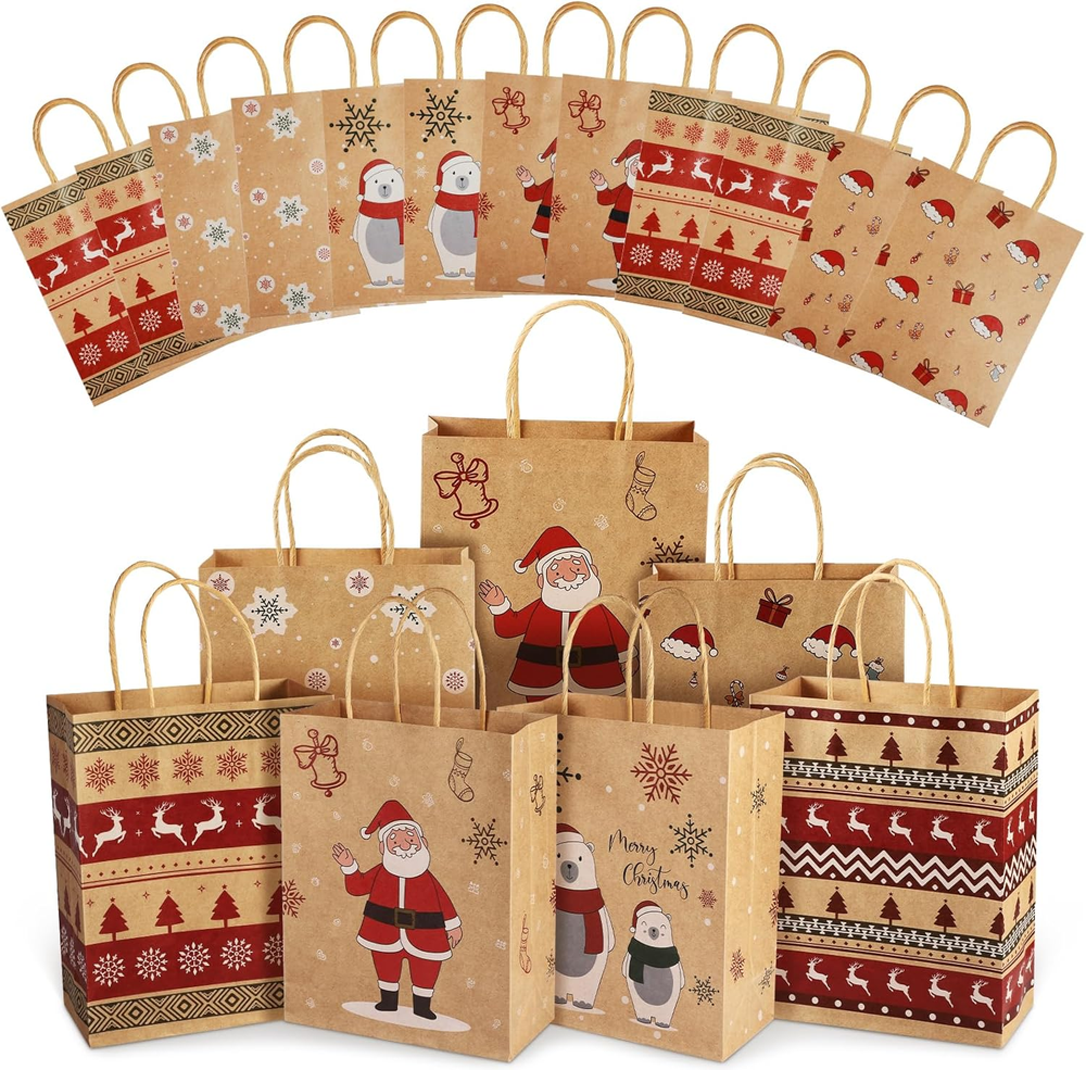 24 Large Christmas Gift Bags - 6 Classic Designs for All Your Holiday Needs