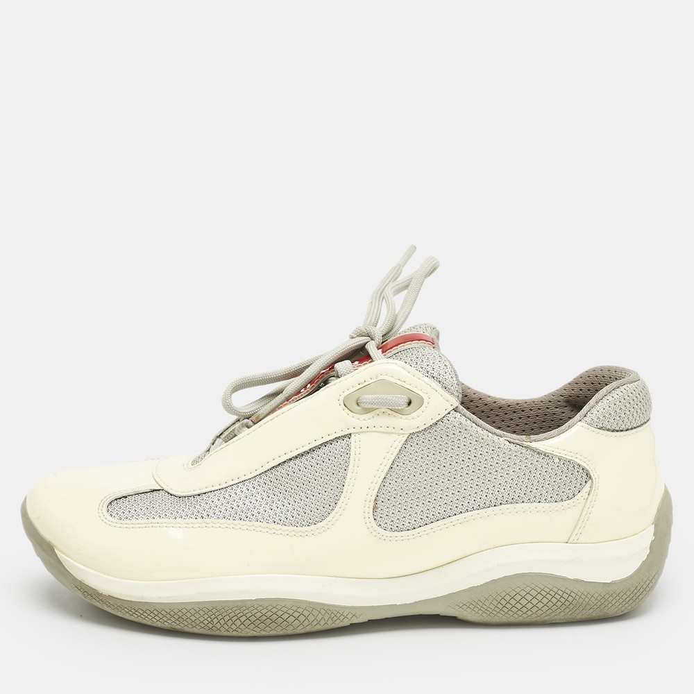Prada Cream Grey Mesh Patent Leather Low Top Sneakers Size 38.5