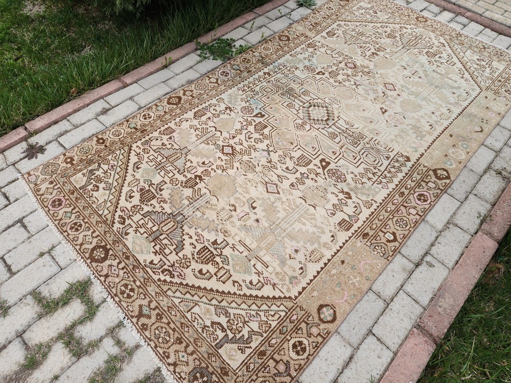 4x8 ft Vintage Turkish Rug – Handmade Wool Beige Brown Oushak Rug