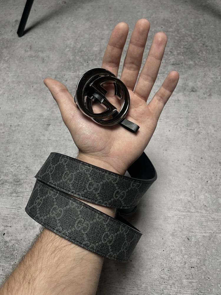 Gucci GG Supreme Black Monogram Belt 115cm Silver Buckle Italy Made