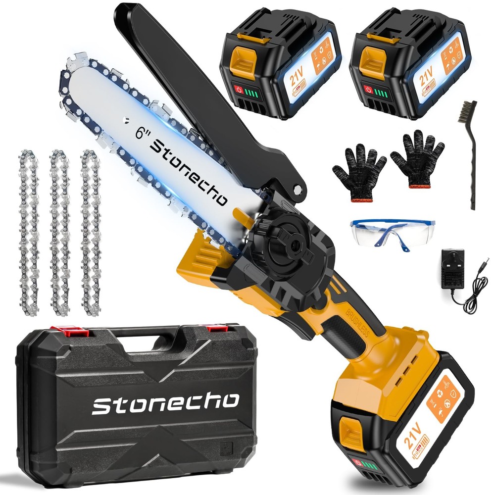 6-Inch Cordless Mini Chainsaw with Brushless Motor and 3 Chains - 8000mAh Battery