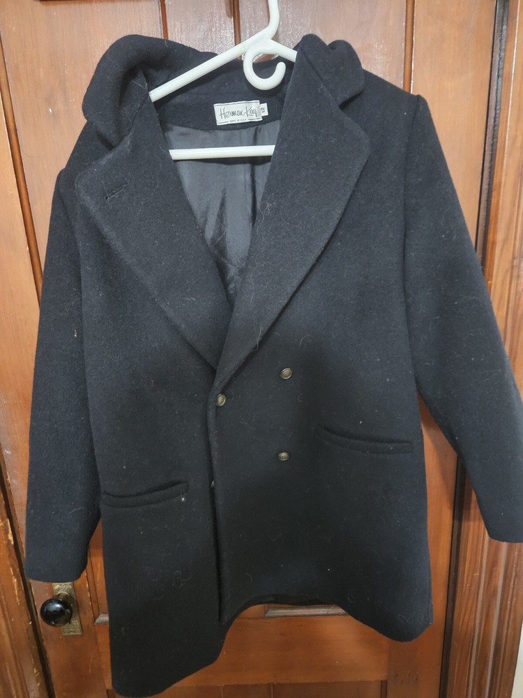 Herman Kay Wool Pea Coat Scarf Womens 12 Black Made in USA Button Front