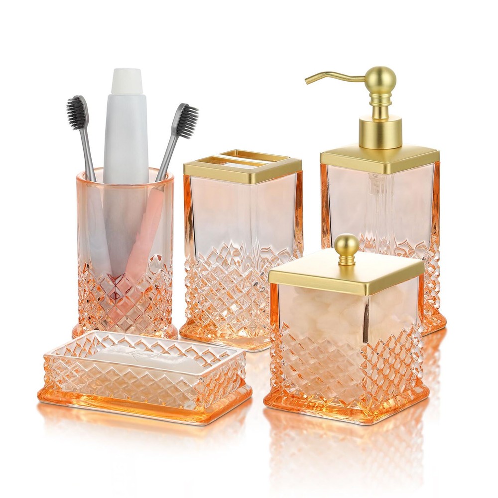Glass Bathroom Accessories Set - Complete 5 Pc Bathroom Accessories Set Inclu...