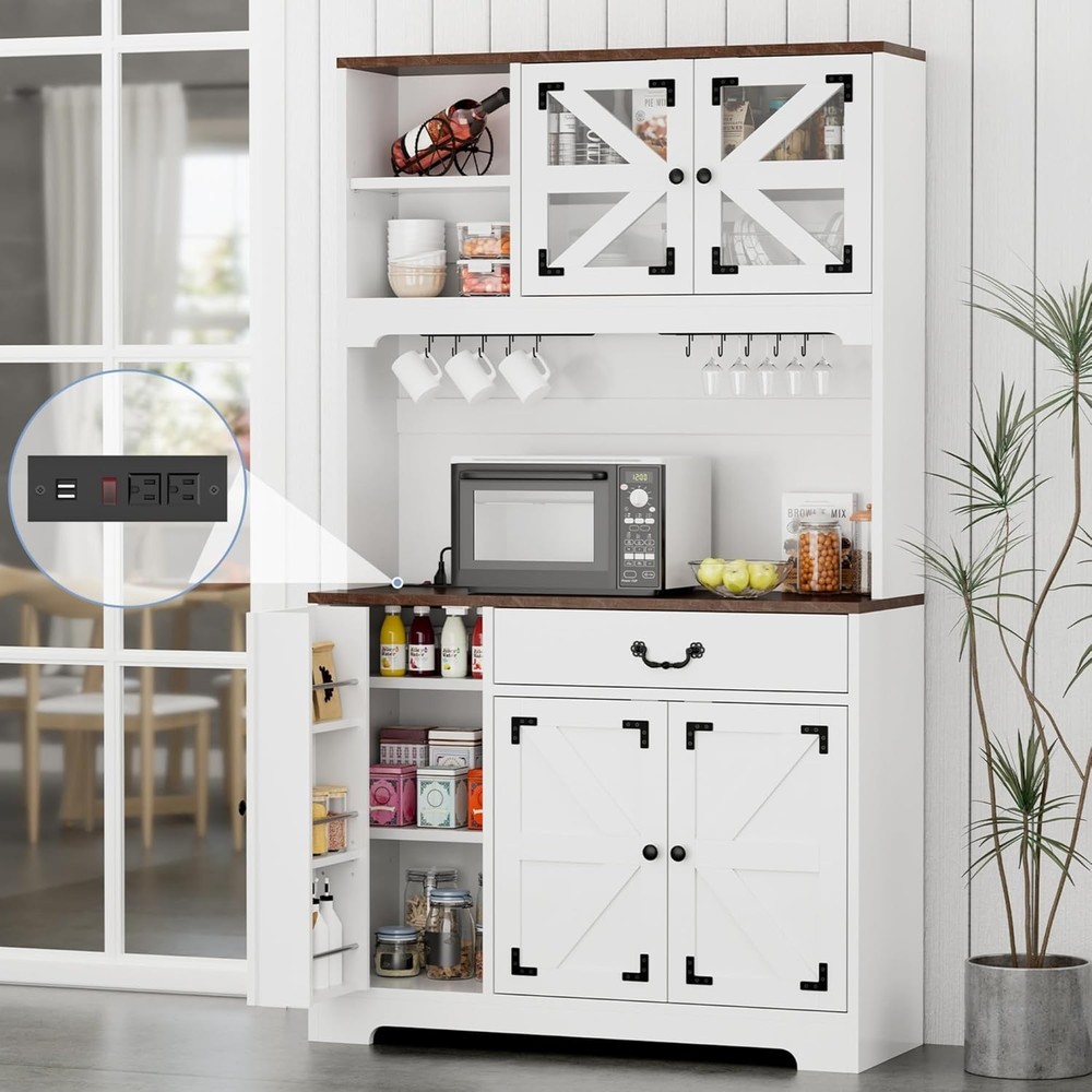 71-Inch Kitchen Pantry Cabinet with Built-In Charging Station and Hutch Storage