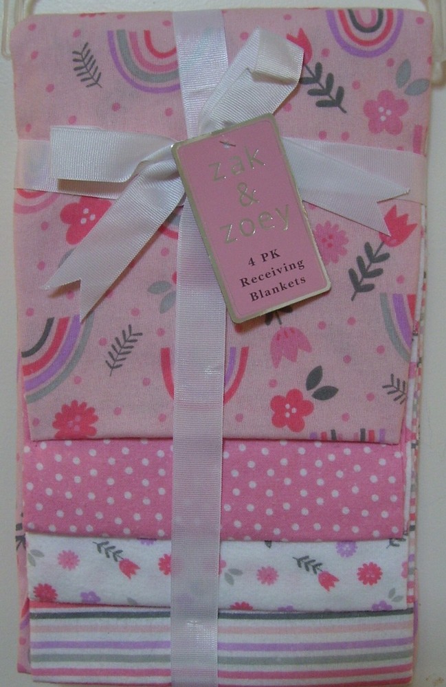 Zak & Zoey 4-Pack Pink Floral Rainbow Dot Stripe Baby Receiving Blankets for Girls