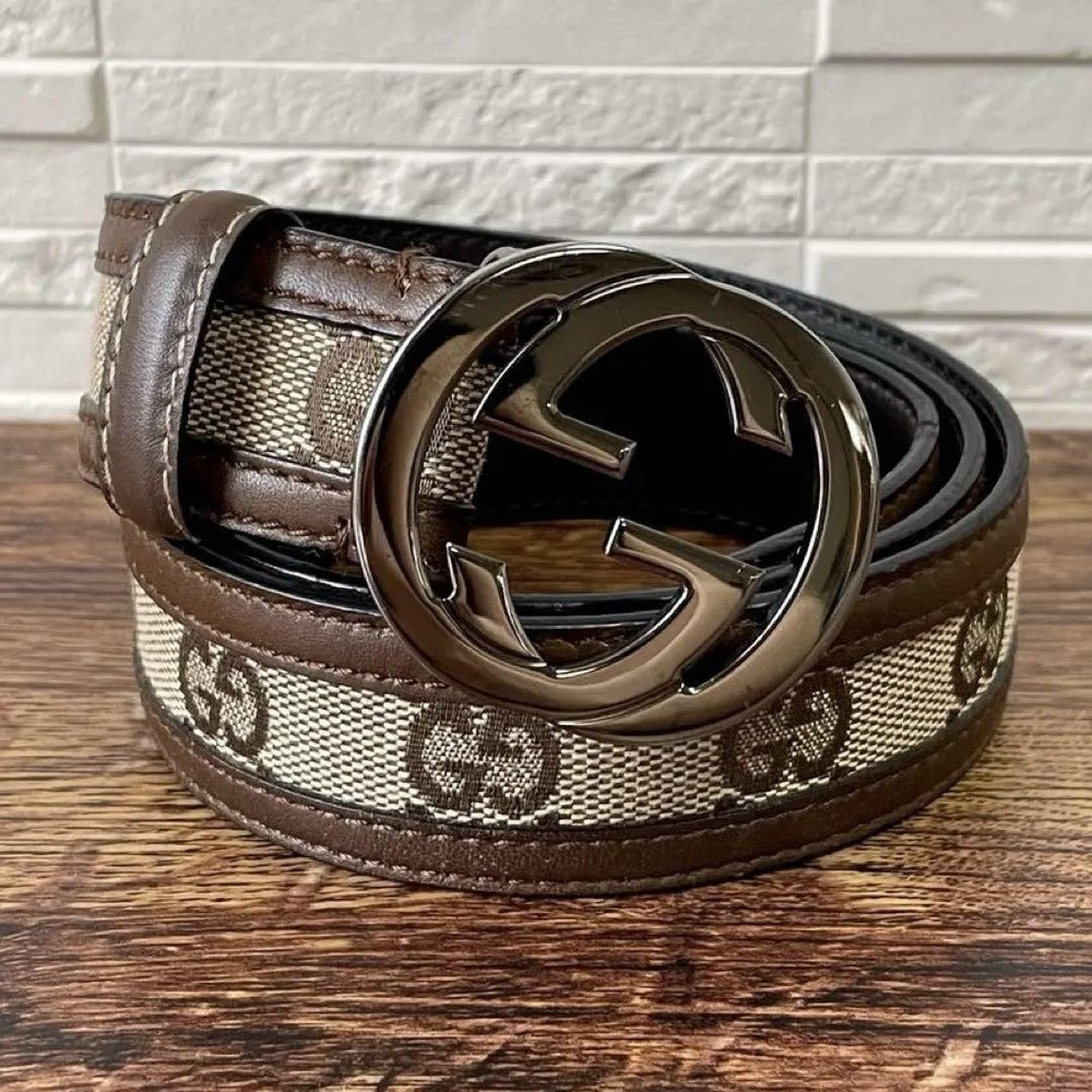 Gucci GG Canvas Leather Belt Brown Interlocking Buckle Size 72-77 Pre-Owned