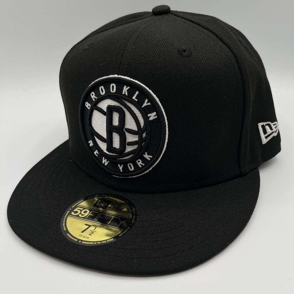 Brooklyn Nets New Era 59FIFTY Hat Cap Fitted Mens 7 1/2 Black NBA Basketball NEW