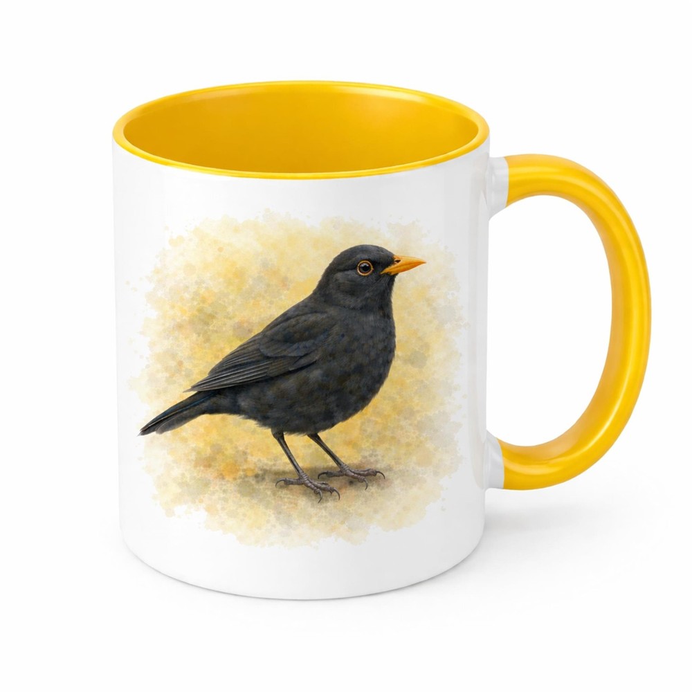 Blackbird Ceramic Mug Brew Crew Gifts 11oz Watercolour Dishwasher Safe Yellow
