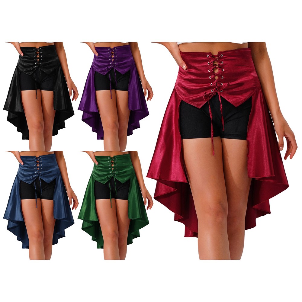 US Women's Medieval Renaissance Satiny Front Lace-up Tiered Ruffled Midi Skirts