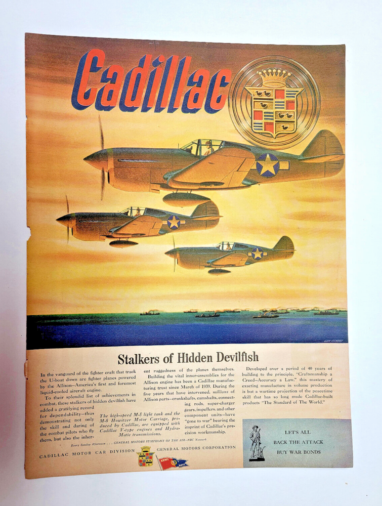 Vintage Rare 1944 Cadillac Stalkers of Hidden Devilfish WWII 11x14 ad