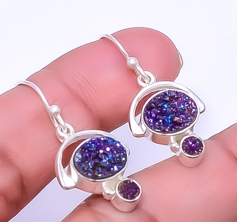 Purple Titanium Agate Drusy Designer 925 Sterling Silver Earring 1.25
