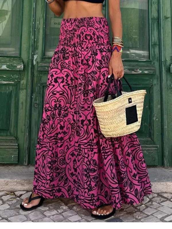 Womens Boho Floral Long Maxi Skirt Ladies High Waist Beach Holiday Swing Dress