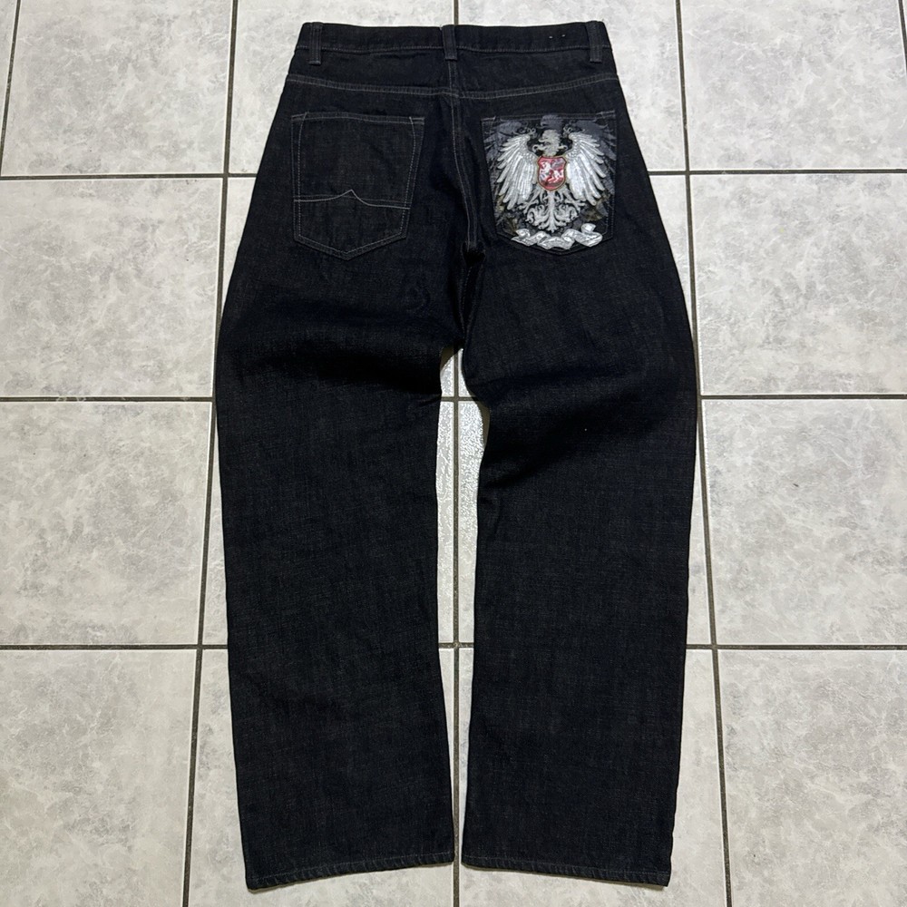 Vtg Y2K Avirex Jeans Men 32x34 Black Baggy Wide Leg Embroidered Logo Black Wash