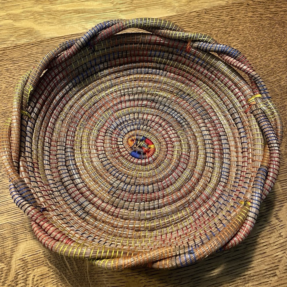Vintage Handmade Pine Needle Circular Decorative Tray 9.5X9.5 Colorful Design