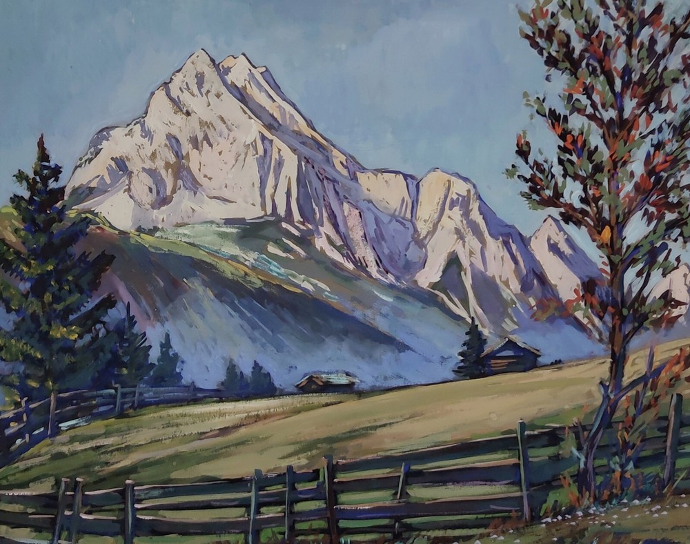 Clearance Sale Watercolor High Mountain Landscape Meadow Huts Signed Dated 47-image