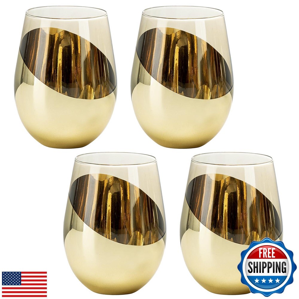 Mid Century Smoked Brown Stemless Wine Glass with Brass Accent 18 oz MyGift