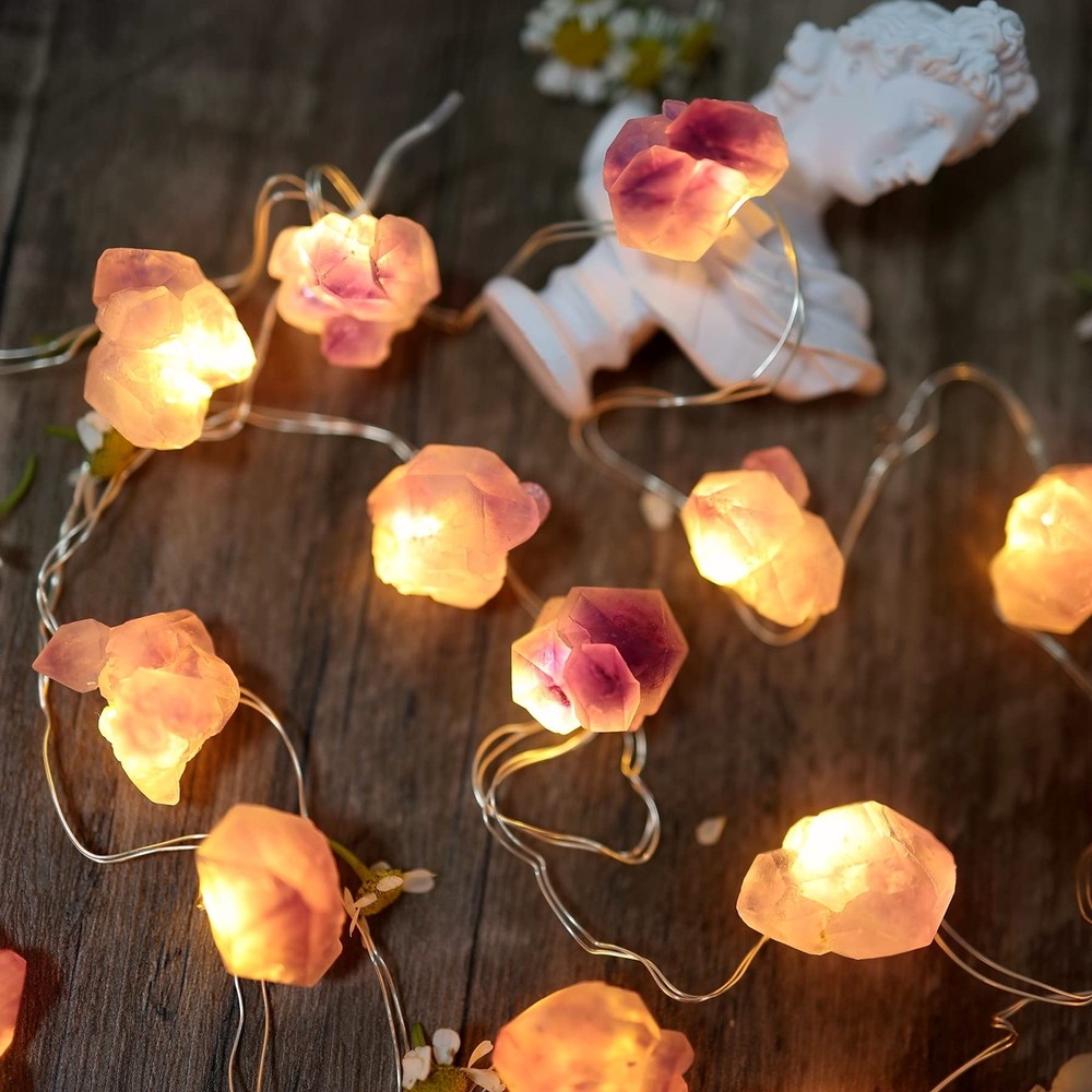 Natural Amethyst Crystal Color-Changing Fairy Lights, 10ft 30 LED with Remote...