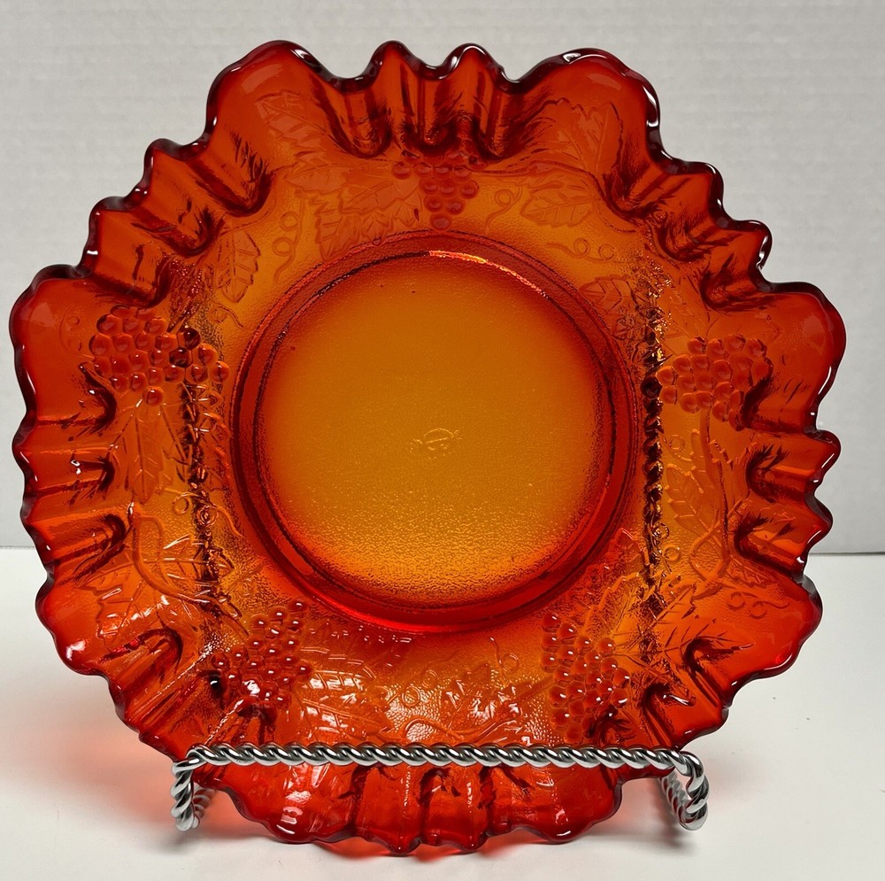 Vintage Red Imperial Glass Candy Bowl with Grape Cluster & Vine Design  