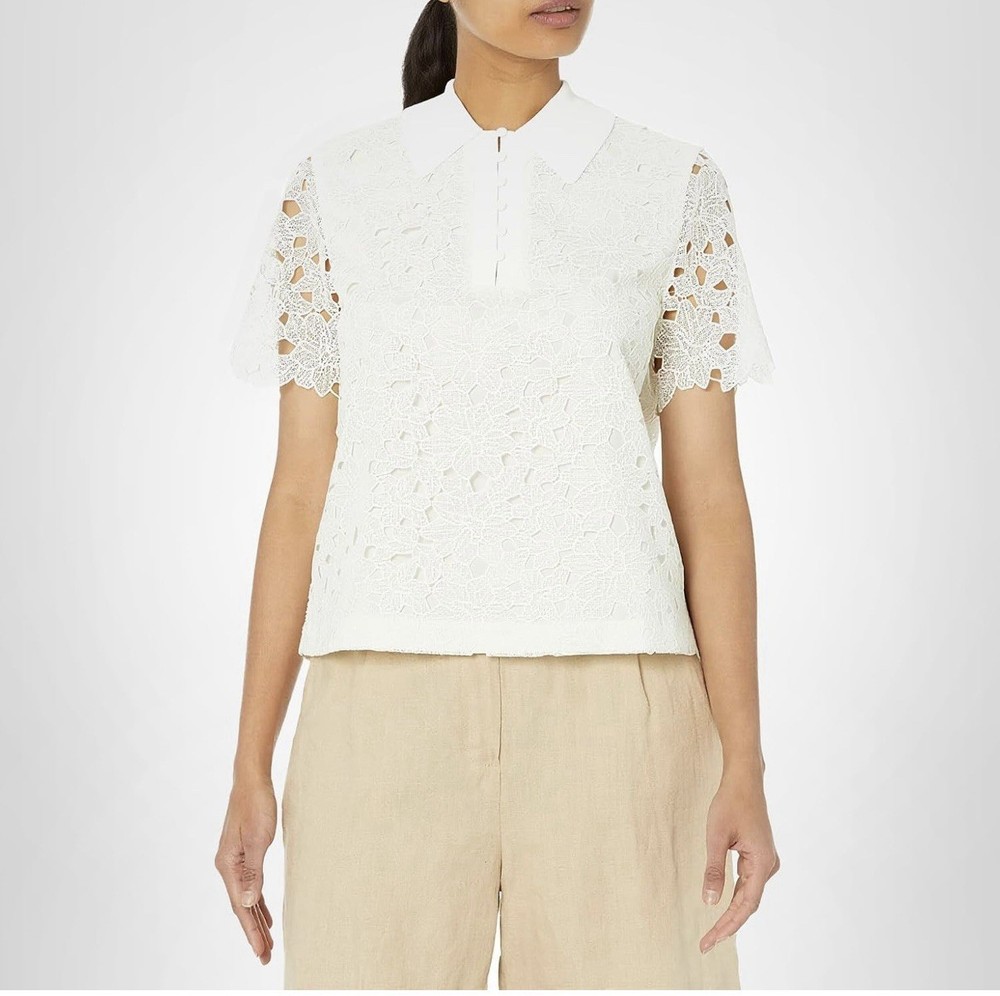 NWT CLUB MONACO White Embroidered Eyelet Short Sleeve Shirt Collared Peasant 10