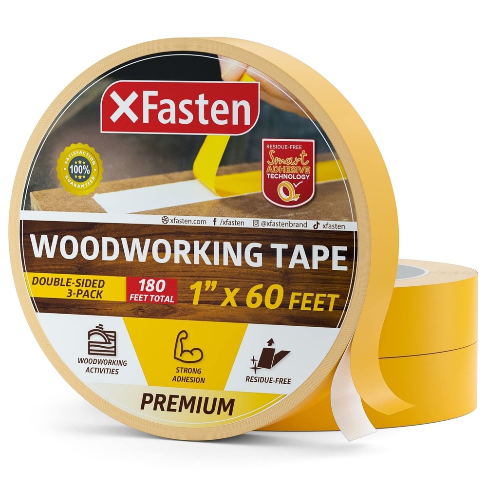 XFasten Double Sided Woodworking Tape 1-inch 180-Feet Total 3-Pack Double Sti...