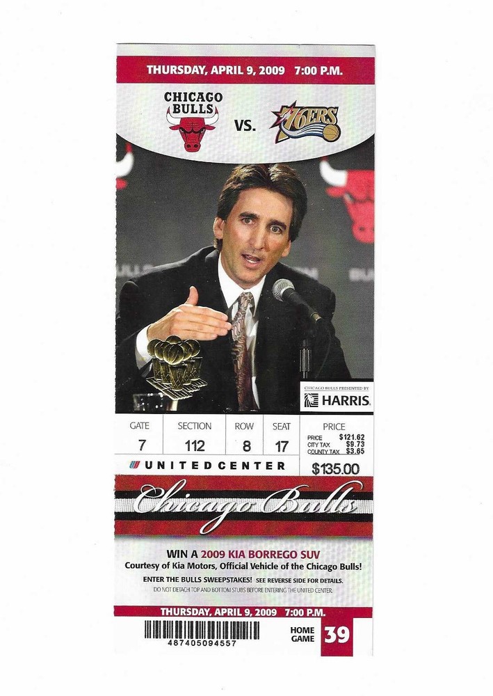 Chicago Bulls vs Philadelphia 76ers Unused Basketball Ticket from 4/9/2009
