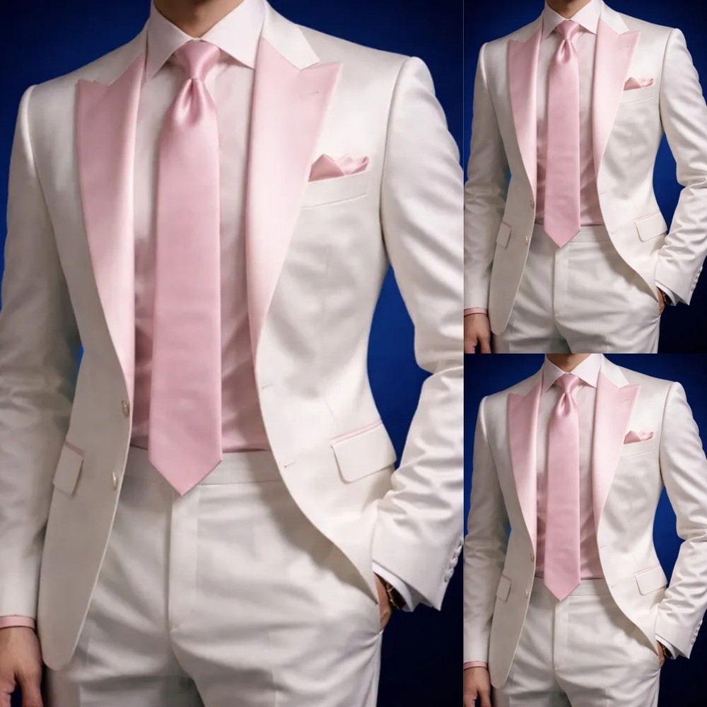 White&Pink Satin Men's Suits Classic Fit Peak Lapel Wedding Groom Tuxedo 2 Piece
