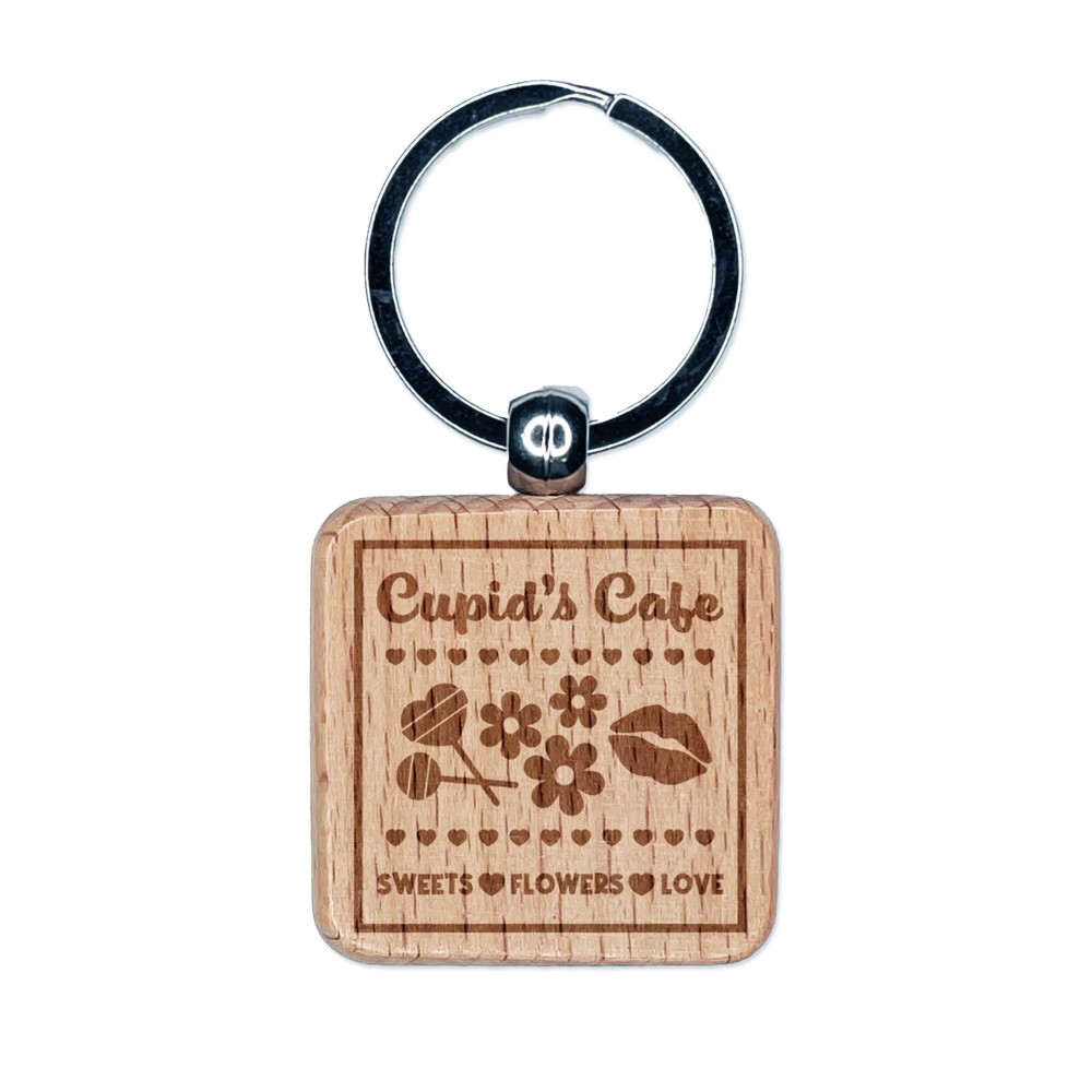 Cupid's Cafe Sweets Flowers Love Valentine's Day Engraved Wood Square Keychain