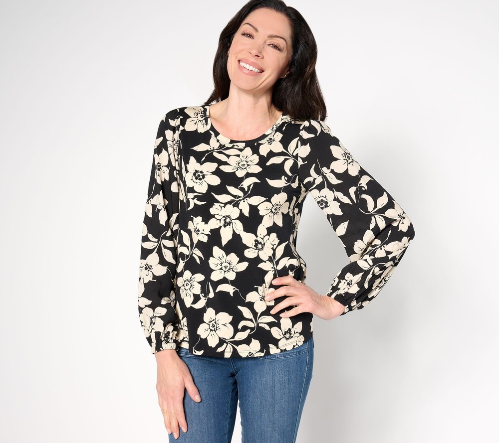 Maya J Women's Top Sz M Cozy Knit Mixed Media Printed Blouse Black A675612
