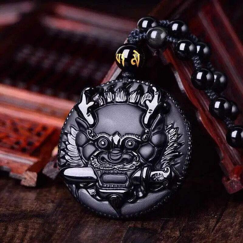 Natural Black Obsidian Hand Carved Dragon Head Lucky Amulet Pendant Necklace